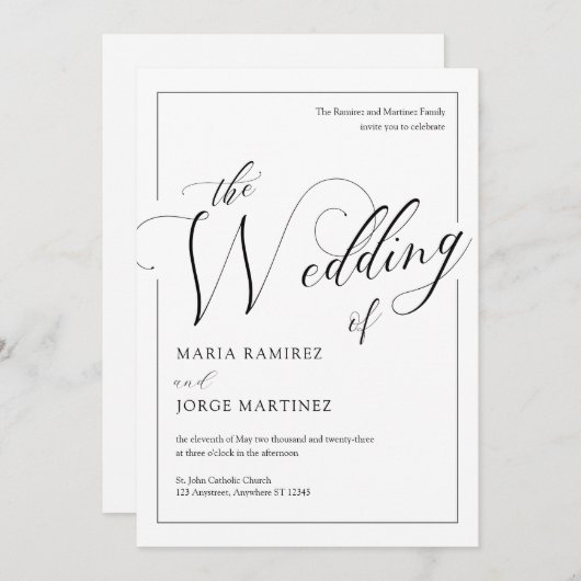 B&W Élégant Faire-part de mariage de script formel (Devant / Derrière)