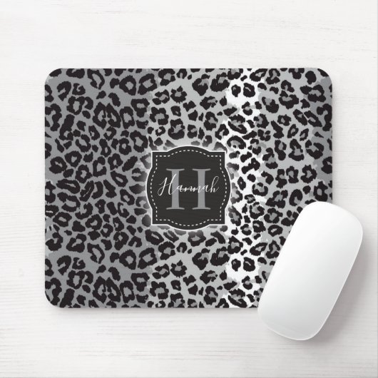 B & W-luipaard met aangepaste monogram en naam Muismat (Met muis)