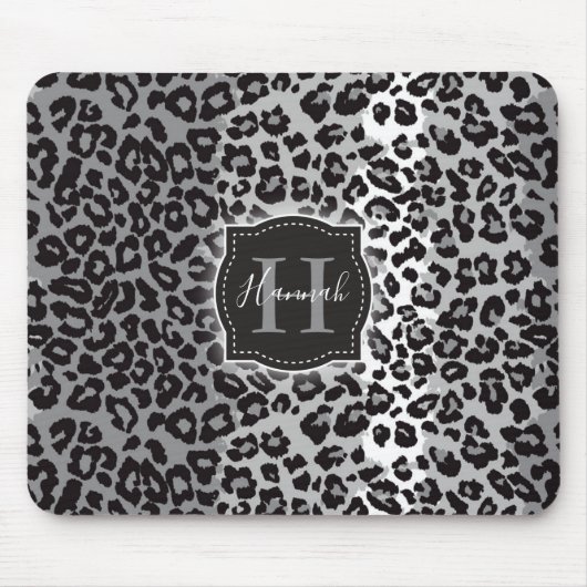 B & W-luipaard met aangepaste monogram en naam Muismat (Voorkant)