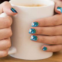 B&W Mix Blauwgroen Hibiscus Short Nail Art
