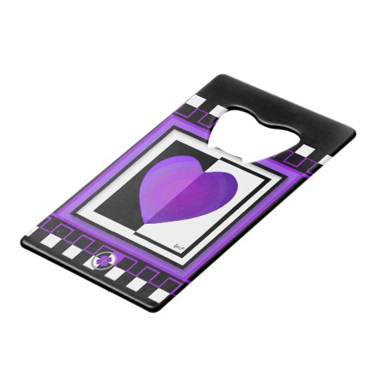 B&W Paarse harten slaan Kredietkaart Flessenopener (Voorkant Gekanteld)