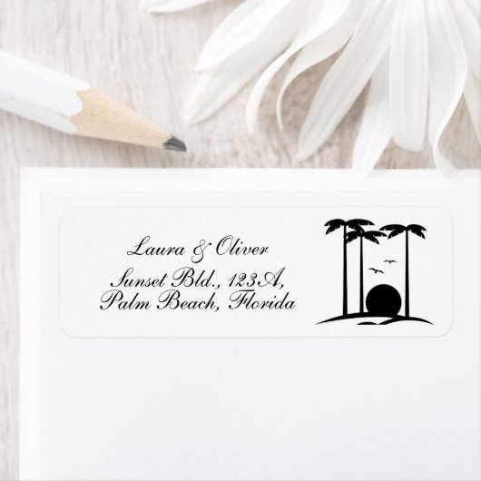 B & W Palmbomen en Sunset Return Adres Label (Insitu)