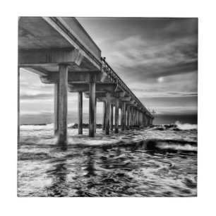 B&W pier bij zonsopgang, Californië Tegeltje