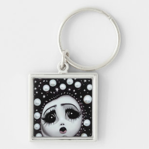 B&W Pop Surrealisme Big Eyes Doll Face Sleutelhanger