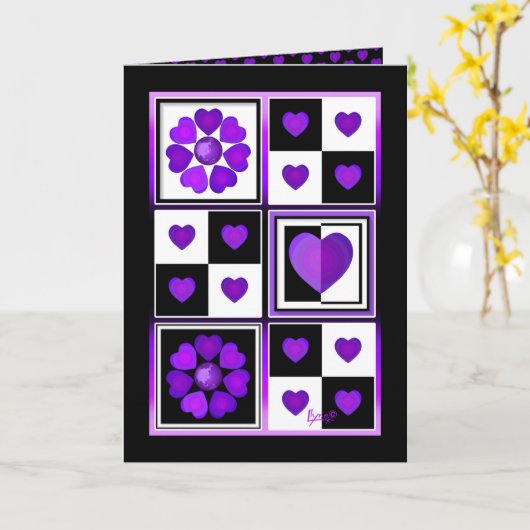 B&W Purple Hearts Battre la carte d'anniversaire (Fleur jaune)
