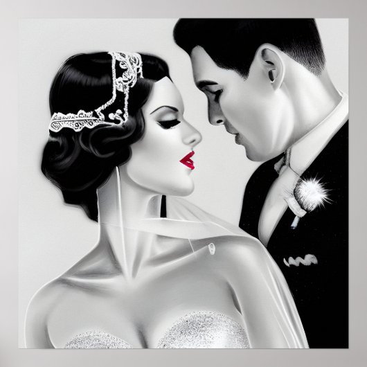 B&W Retro Art Deco  Bride & Groom Poster (Voorkant)