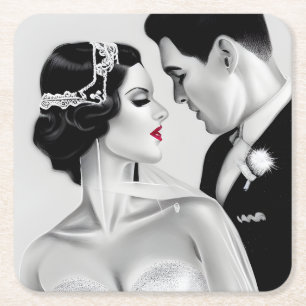 B&W Retro Art Deco  Bride & Groom Vierkante Kartonnen Onderzetter