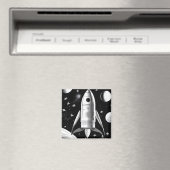 B&W Retro Rocket Ship Magneet (Insitu (Vaatwasser))
