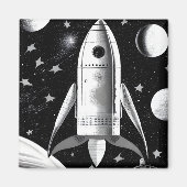 B&W Retro Rocket Ship Magneet (Voorkant)