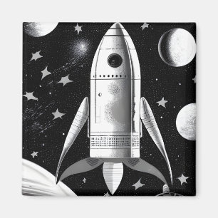 B&W Retro Rocket Ship Magneet