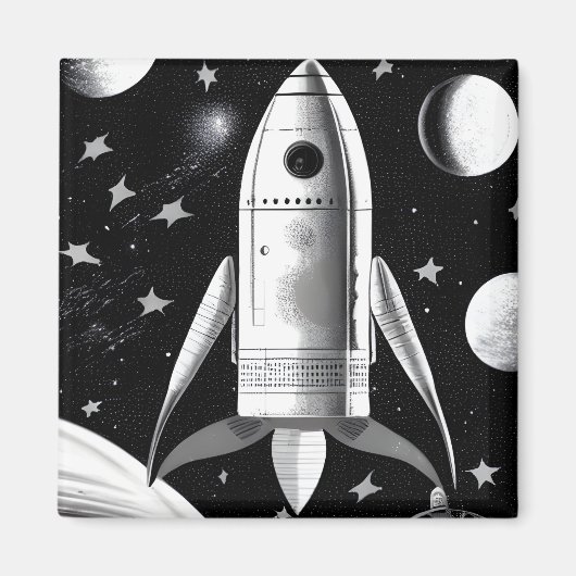 B&W Retro Rocket Ship Magneet (Voorkant)