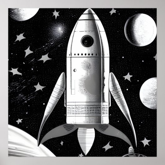 B&W Retro Rocket Ship Poster (Voorkant)