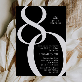 B & W Shh It's a Surprise 80th Birthday Party Kaart