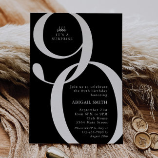 B & W Shh It's a Surprise 90th Birthday Party Kaart