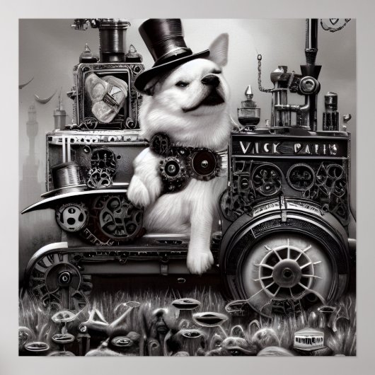 B&W Steampunk Dog & Train Poster (Voorkant)