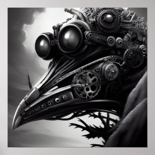B&W Steampunk Robot Raven Poster