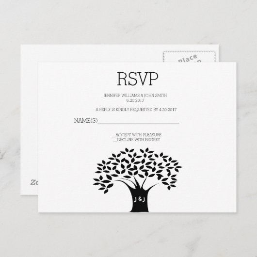 B&W Tree Wedding Cartes RSVP (Devant / Derrière)