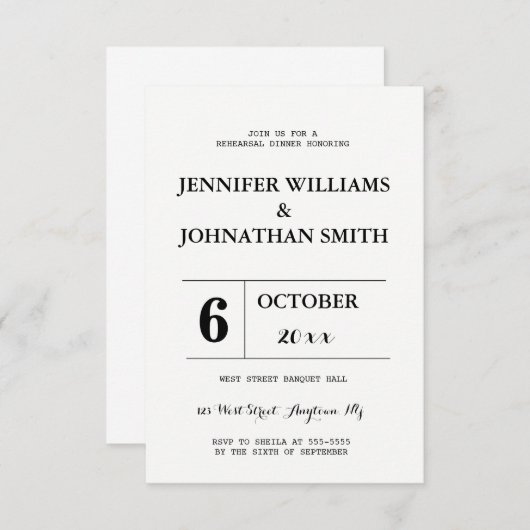 B&W typographie répétition dîner invitations (Devant / Derrière)