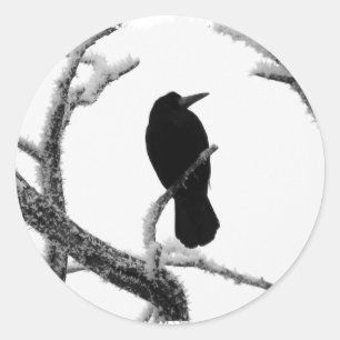 B&W Winter Raven Edgar Allan Poe Ronde Sticker