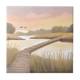 Baai Boardwalk | Luchtige Kust Aquarel Schildering Tegeltje