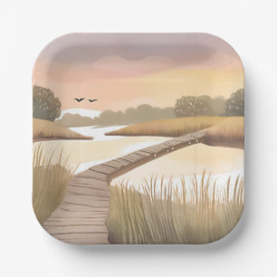 Baai Boardwalk Luchtige Kust Waterverfschilderij Papieren Bordje