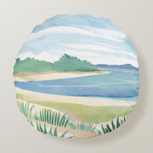 Baai met strandgras Aquarel oceaan kustzee Rond Kussen
