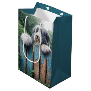 Baardcollie die over een hek gluurt medium cadeauzakje