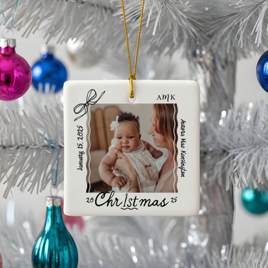 Baby 1e Kerst Minimale Hand Getrokken Krabbel Bow Keramisch Ornament