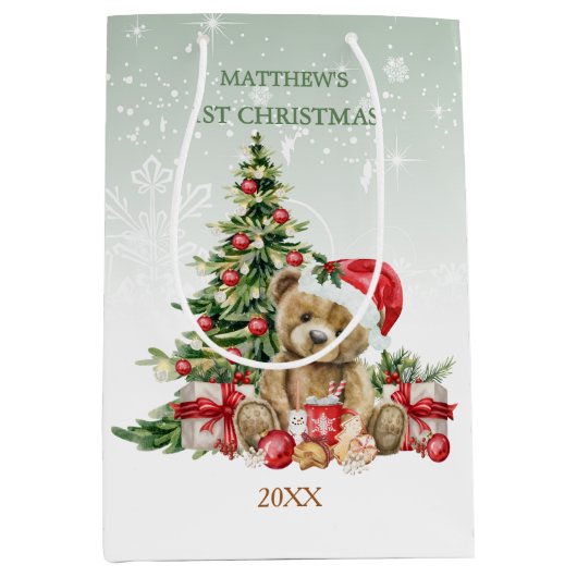 Baby 1e Kerst Teddy Bear Medium Gift Bag Medium Cadeauzakje (Voorkant)