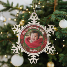Baby 1e Kerstmis Bloemrijk Dieprood Foto Naam Jaar
