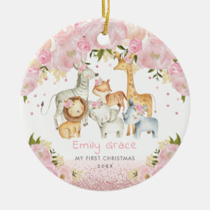 Baby 1e Kerstmis: Blush Roos Gold Safari Keramisch Ornament