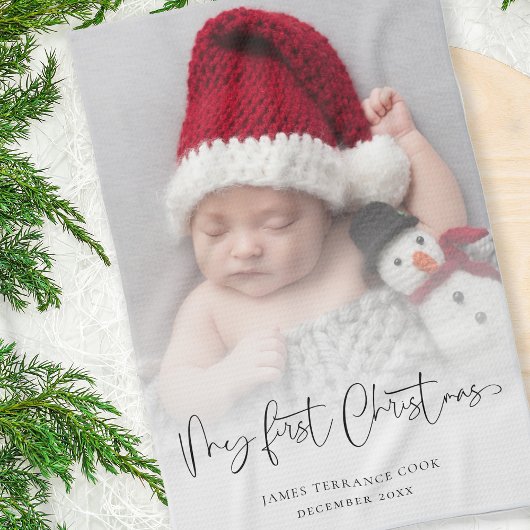 Baby 1e Kerstmis Foto Overlay Script Naam Jaar Theedoek
