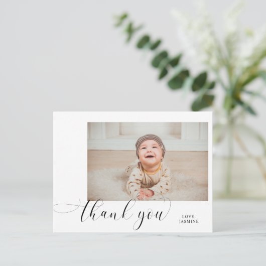 Baby 1e verjaardag Bedankt Elegant Script QR-code Briefkaart (Staand voorkant)