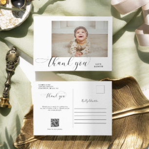 Baby 1e verjaardag Bedankt Elegant Script QR-code Briefkaart