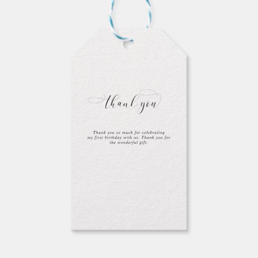 Baby 1e verjaardag Dank u Elegant Manuscript Swash Cadeaulabel (Achterkant)