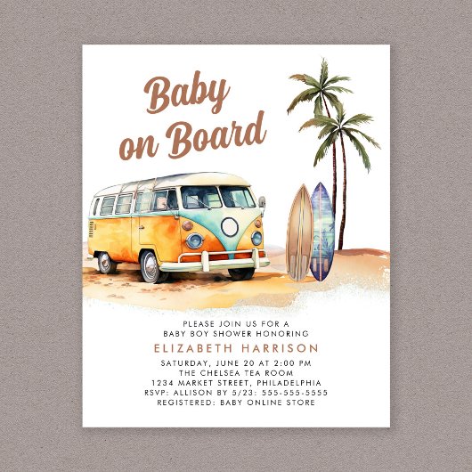Baby aan boord Beach Surven Baby shower Uitnodigin