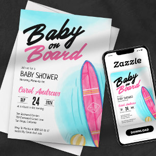 Baby aan Boord Roze Surfplank Baby Shower Kaart