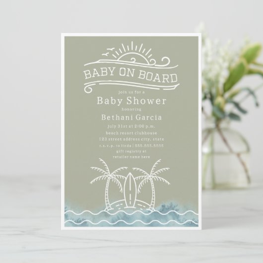 Baby Aan boord Surfen Green Beach Baby shower Kaart (Staand voorkant)