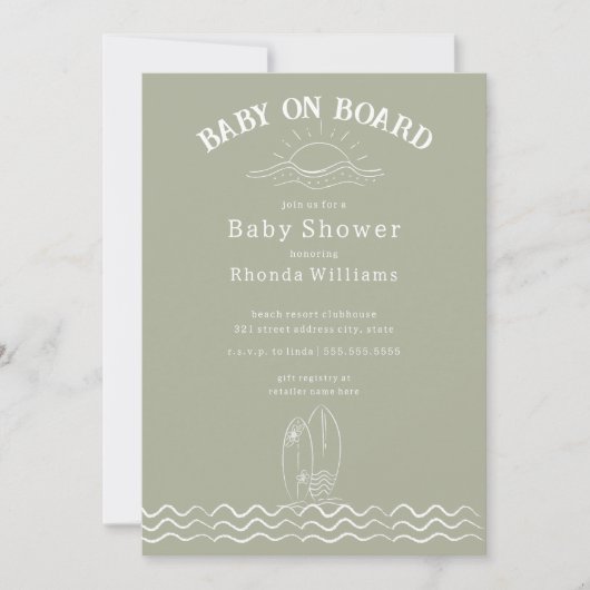 Baby Aan boord Surfen Green Beach Baby shower Kaart (Voorkant)