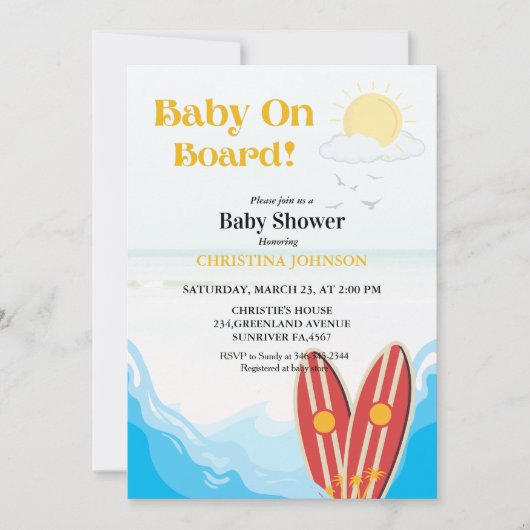 Baby aan boord van het strand surfplank baby showe kaart (Voorkant)