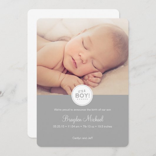 Baby Aankondiging Kaart in Grijs - Het is een jong (Voorkant / Achterkant)