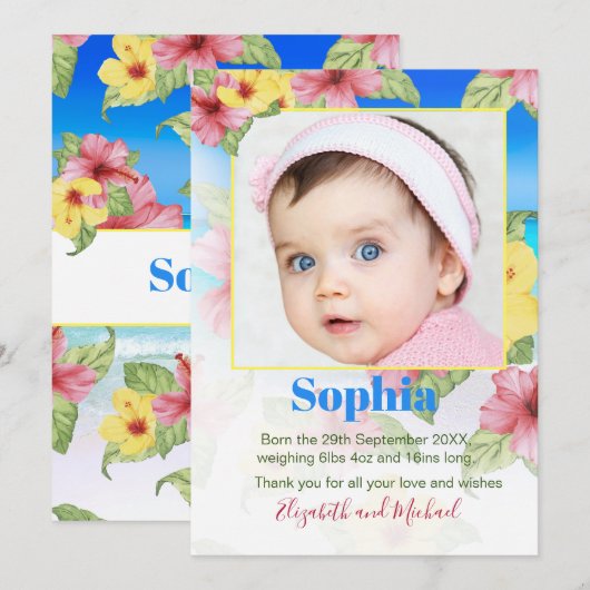 Baby Aankondiging Tropische Floral Beach (Voorkant / Achterkant)