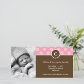 Baby aankondigingen roze poladots monogram (Staand voorkant)