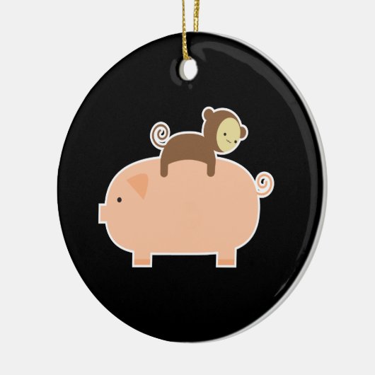 Baby aap Achterwaarts gericht op een varken Keramisch Ornament (Links)