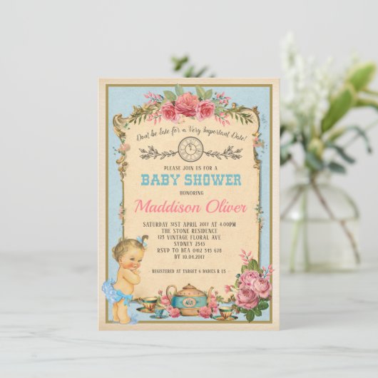 Baby Alice in Wonderland Tea Party Uitnodigen Kaart (Staand voorkant)