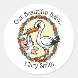 Baby and Stork Design Vintage Style Ronde Sticker