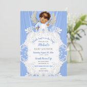 Baby Angel Blue Silver Medium Skin Tone Invitation Kaart (Staand voorkant)