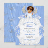 Baby Angel Blue Silver Medium Skin Tone Invitation Kaart (Voorkant / Achterkant)