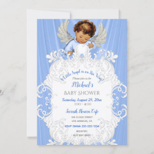 Baby Angel Blue Silver Medium Skin Tone Invitation Kaart