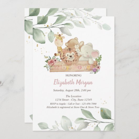 Baby Animals Flowers laten Baby shower uitnodigen Kaart (Voorkant / Achterkant)